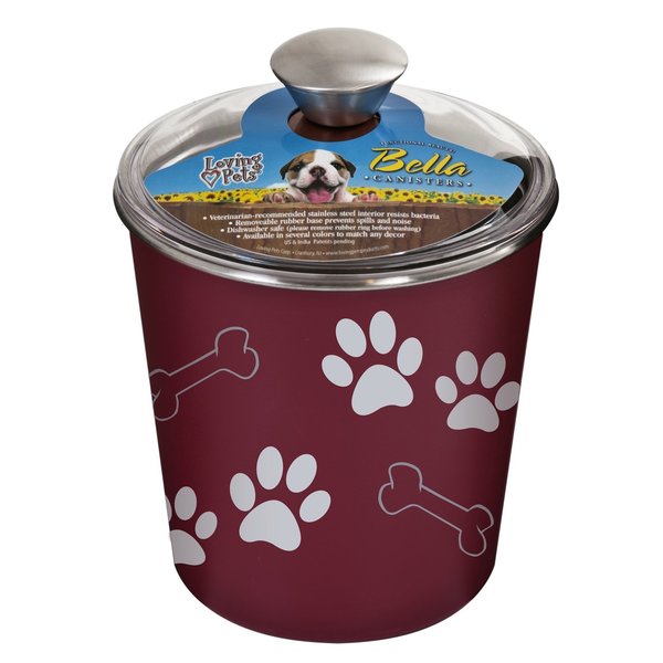 Bella Bowl Loving Pets Bella Red Bones and Paw Prints Stainless Steel 9 cups Treat Canister For Dog 7480